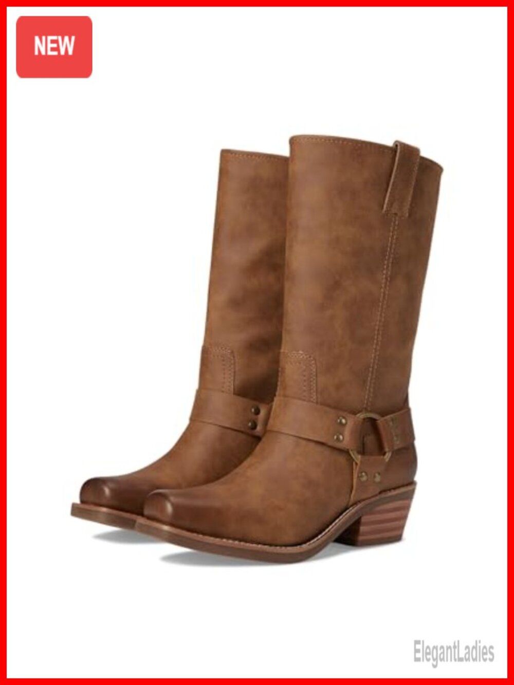 Vegan Leather Mid-Calf Harness Boots Block Heel Square Toe